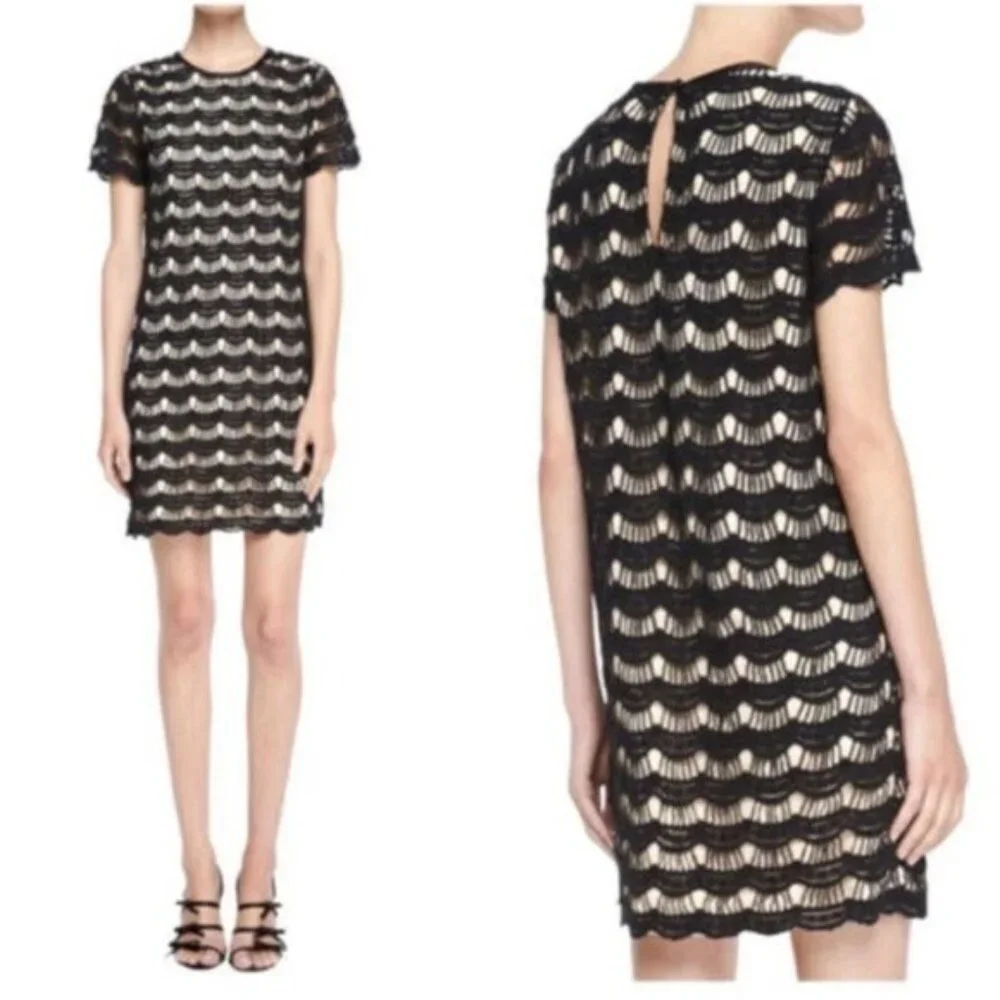 Kate Spade Women's 2 Dress Virginia Black Scalloped Lace Shift Short Sleeve
